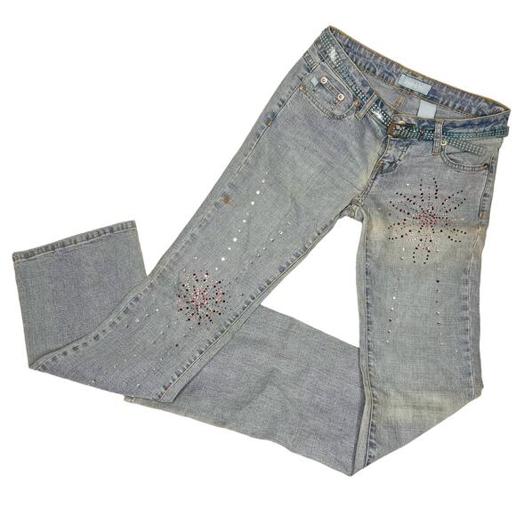 Vintage Y2K Zana Di Size 3 Light Wash Flare Jeans Embellished Plus Jelly Belt - Picture 1 of 13